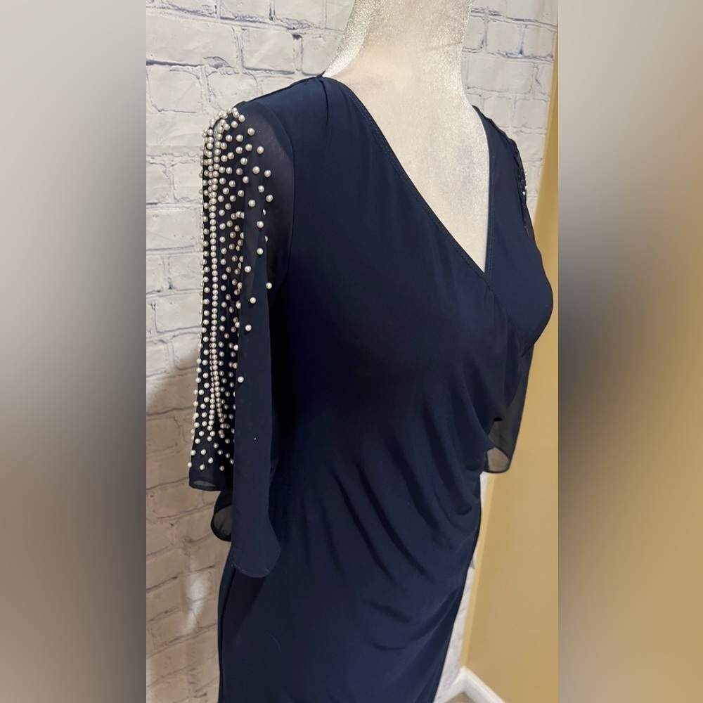 NWT MSK Womens Navy Stretch Embellished Cold Shoulder Sheer Bell Sleeve Petite S - Picture 8 of 11